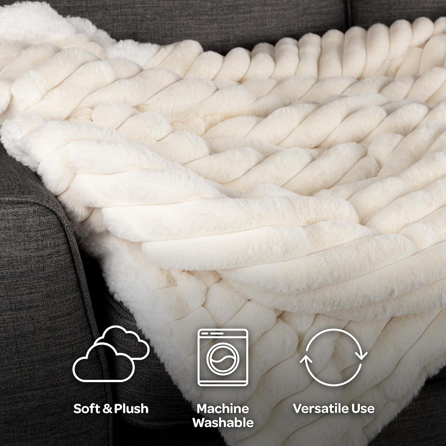 imageLavish Home Faux Fur Throw Blanket 60x70Inch Twin Blanket for Couch Bed or Chair Soft Throw with Plush Faux Rabbit Fur and Warm Sherpa for Living Room Bedroom and Home Decor IvoryIvory