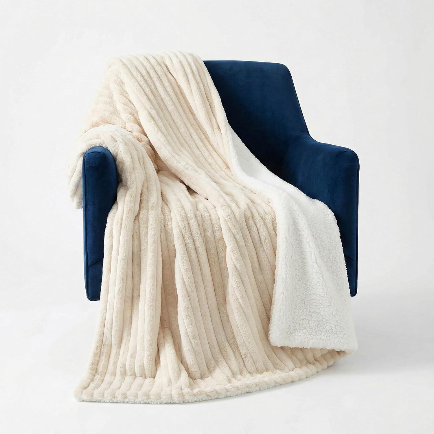 imageLavish Home Faux Fur Throw Blanket 60x70Inch Twin Blanket for Couch Bed or Chair Soft Throw with Plush Faux Rabbit Fur and Warm Sherpa for Living Room Bedroom and Home Decor IvoryIvory