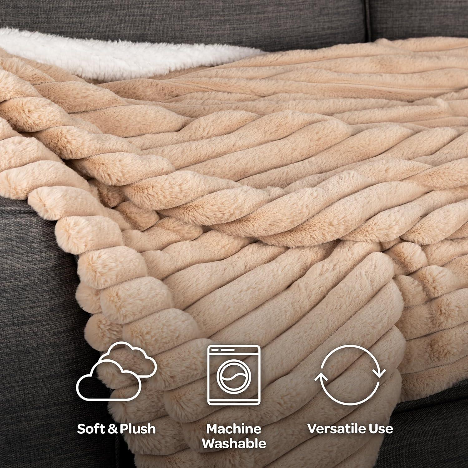 imageLavish Home Faux Fur Throw Blanket 60x70Inch Twin Blanket for Couch Bed or Chair Soft Throw with Plush Faux Rabbit Fur and Warm Sherpa for Living Room Bedroom and Home Decor IvoryTaupe