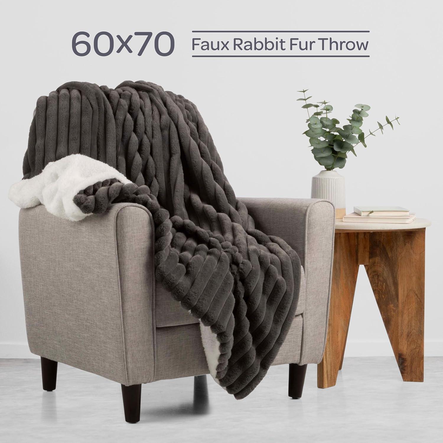 imageLavish Home Faux Fur Throw Blanket 60x70Inch Twin Blanket for Couch Bed or Chair Soft Throw with Plush Faux Rabbit Fur and Warm Sherpa for Living Room Bedroom and Home Decor IvoryGray
