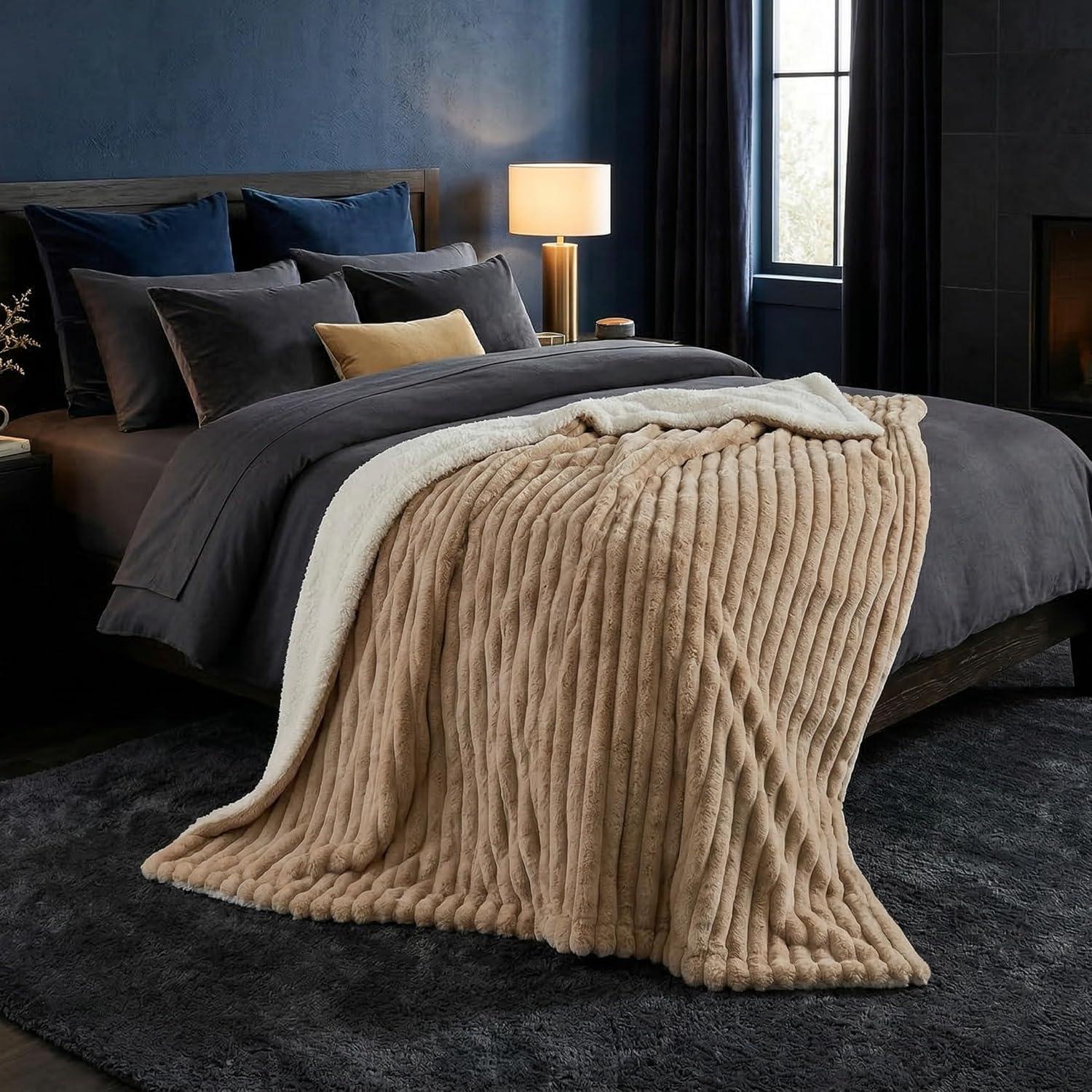 imageLavish Home Faux Fur Throw Blanket 60x70Inch Twin Blanket for Couch Bed or Chair Soft Throw with Plush Faux Rabbit Fur and Warm Sherpa for Living Room Bedroom and Home Decor IvoryTaupe