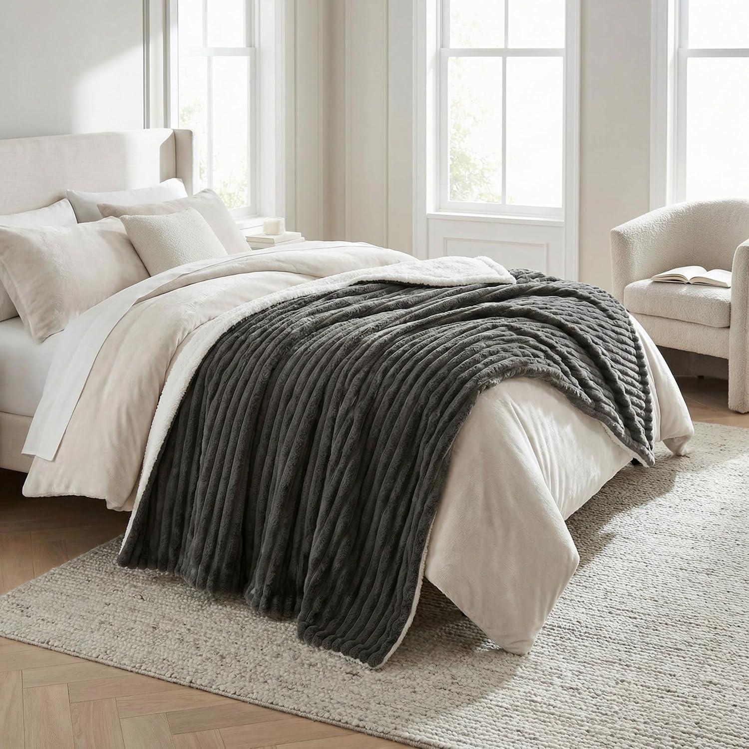 imageLavish Home Faux Fur Throw Blanket 60x70Inch Twin Blanket for Couch Bed or Chair Soft Throw with Plush Faux Rabbit Fur and Warm Sherpa for Living Room Bedroom and Home Decor IvoryGray