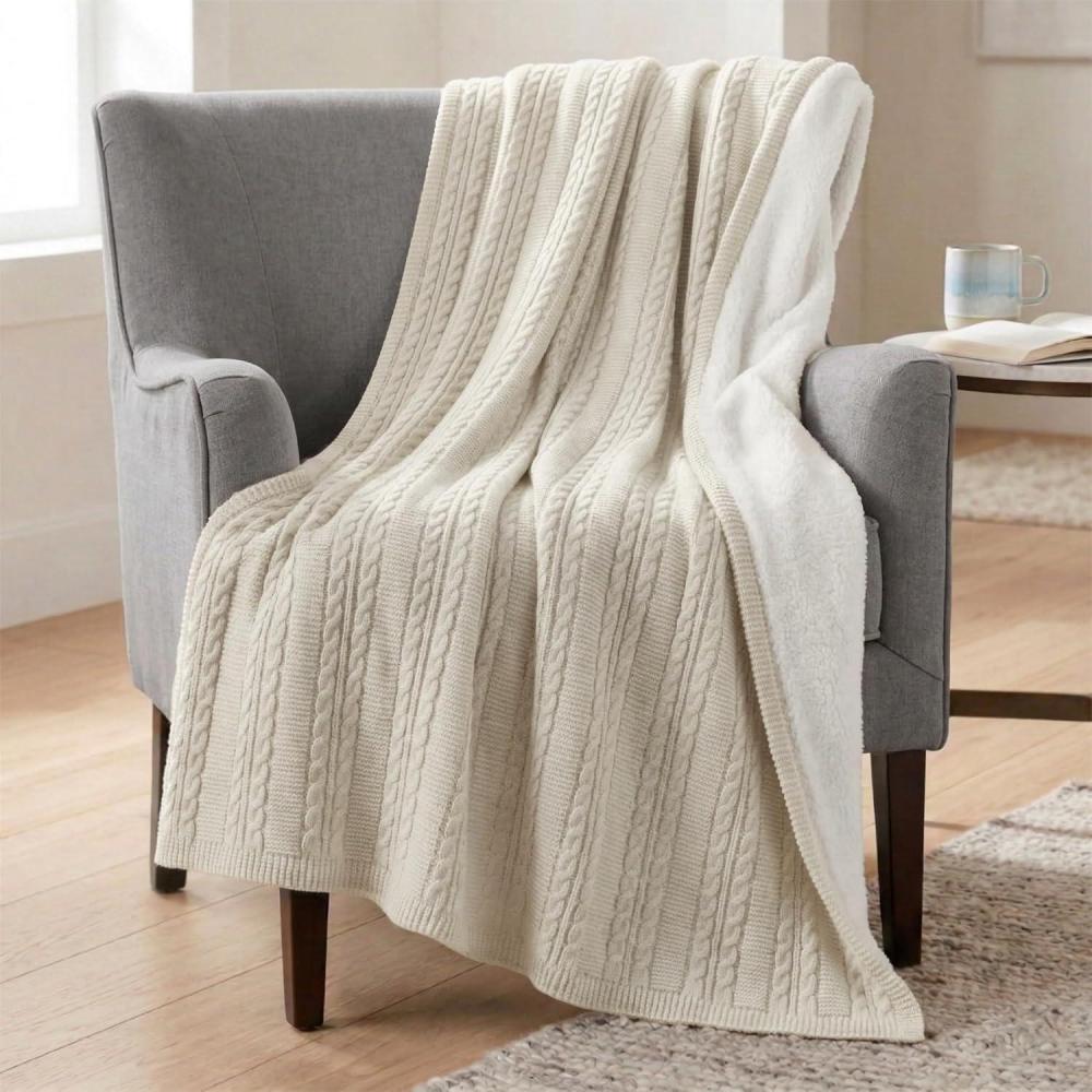 imageCable Knit Throw Blanket for Couch Sofa or Bed 50x60Inch Soft and Cozy Blanket Throws with Cable Knit Pattern and Warm Sherpa for Living Room Bedroom and Home Decor by Lavish Home IvoryIvory