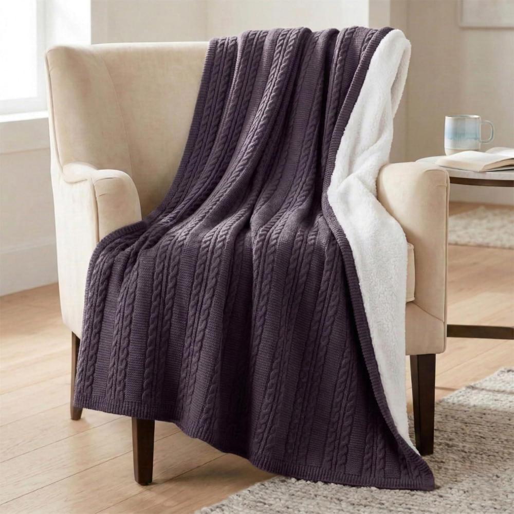 imageCable Knit Throw Blanket for Couch Sofa or Bed 50x60Inch Soft and Cozy Blanket Throws with Cable Knit Pattern and Warm Sherpa for Living Room Bedroom and Home Decor by Lavish Home IvoryCharcoal Gray