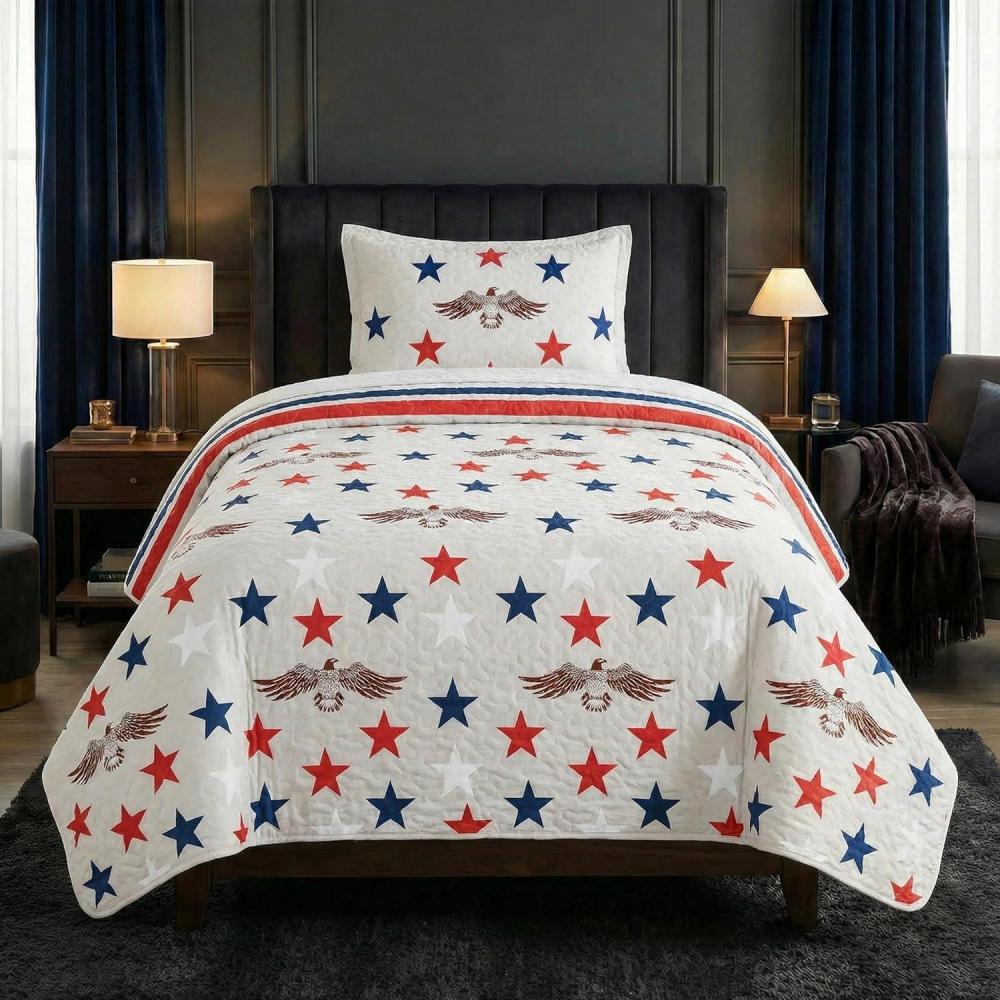 imageLavish Home 3Piece King Quilt Bedding Set Bedspread and 2 King Pillow Shams with Patriotic Star Pattern Lightweight Bed Set for All Seasons Soft Microfiber Coverlet StarsStripesGray Red and Blue