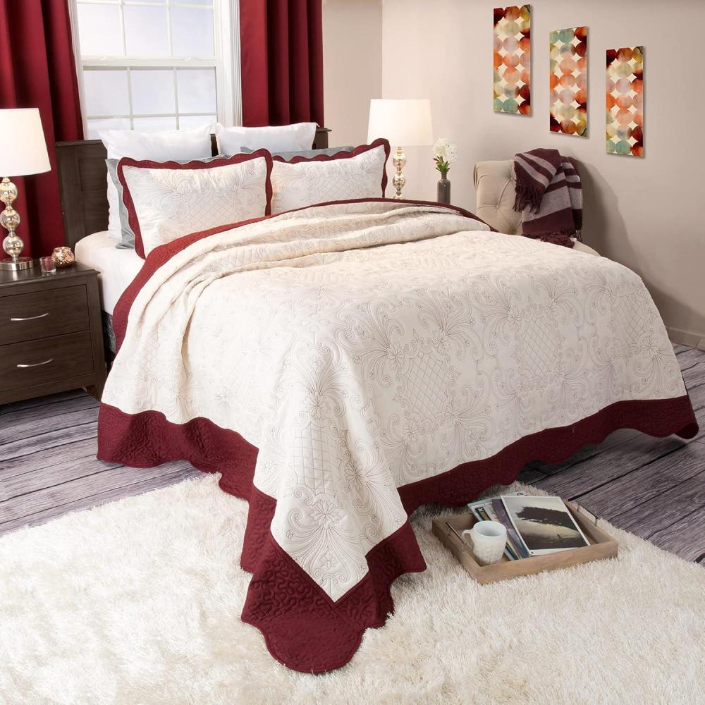 imageLavish Home 3Piece Quilt Set  Juliette Embroidered KingSize Quilt with 2 King Pillow Shams  Machine Washable Lightweight Bedding RedWhiteKing