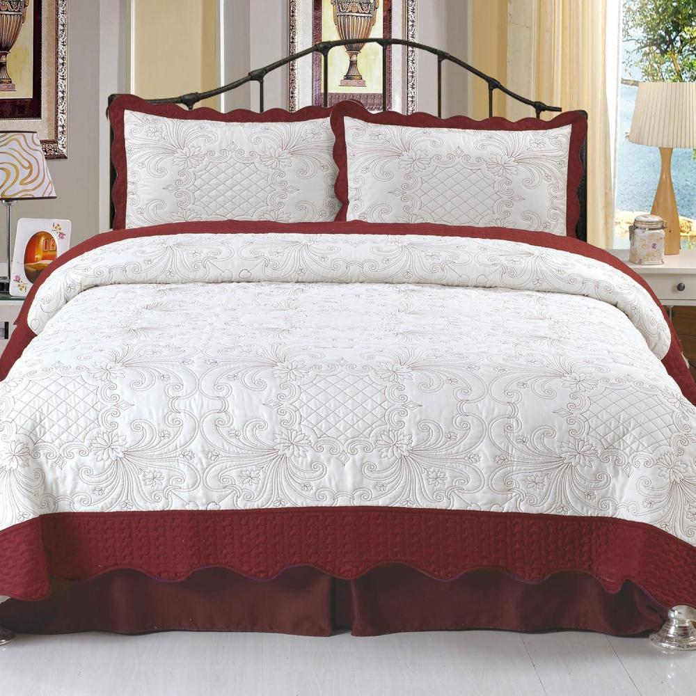 imageLavish Home 3Piece Quilt Set Juliette Embroidered KingSize Quilt with 2 King Pillow Shams Machine Washable Lightweight Bedding RedWhiteTwin