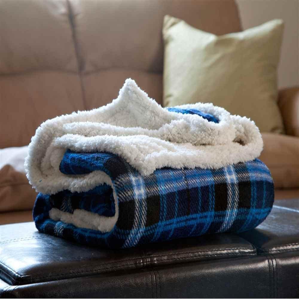 imageLavish Home Blue Reversible Plaid Fleece 50 x 60Inch MachineWashable Sherpa Throw Cozy Blanket for Couch Chair or Bed 50 x 60