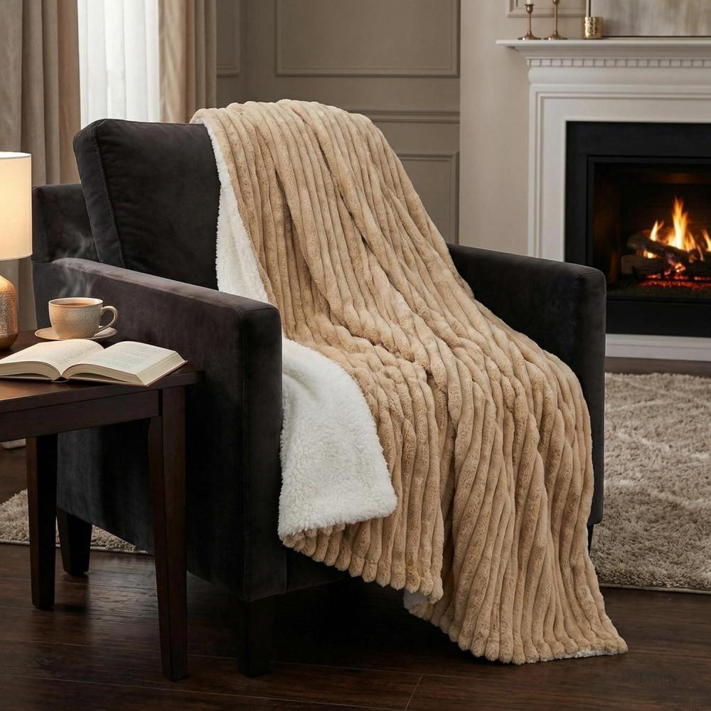 imageLavish Home Faux Fur Throw Blanket 60x70Inch Twin Blanket for Couch Bed or Chair Soft Throw with Plush Faux Rabbit Fur and Warm Sherpa for Living Room Bedroom and Home Decor IvoryTaupe