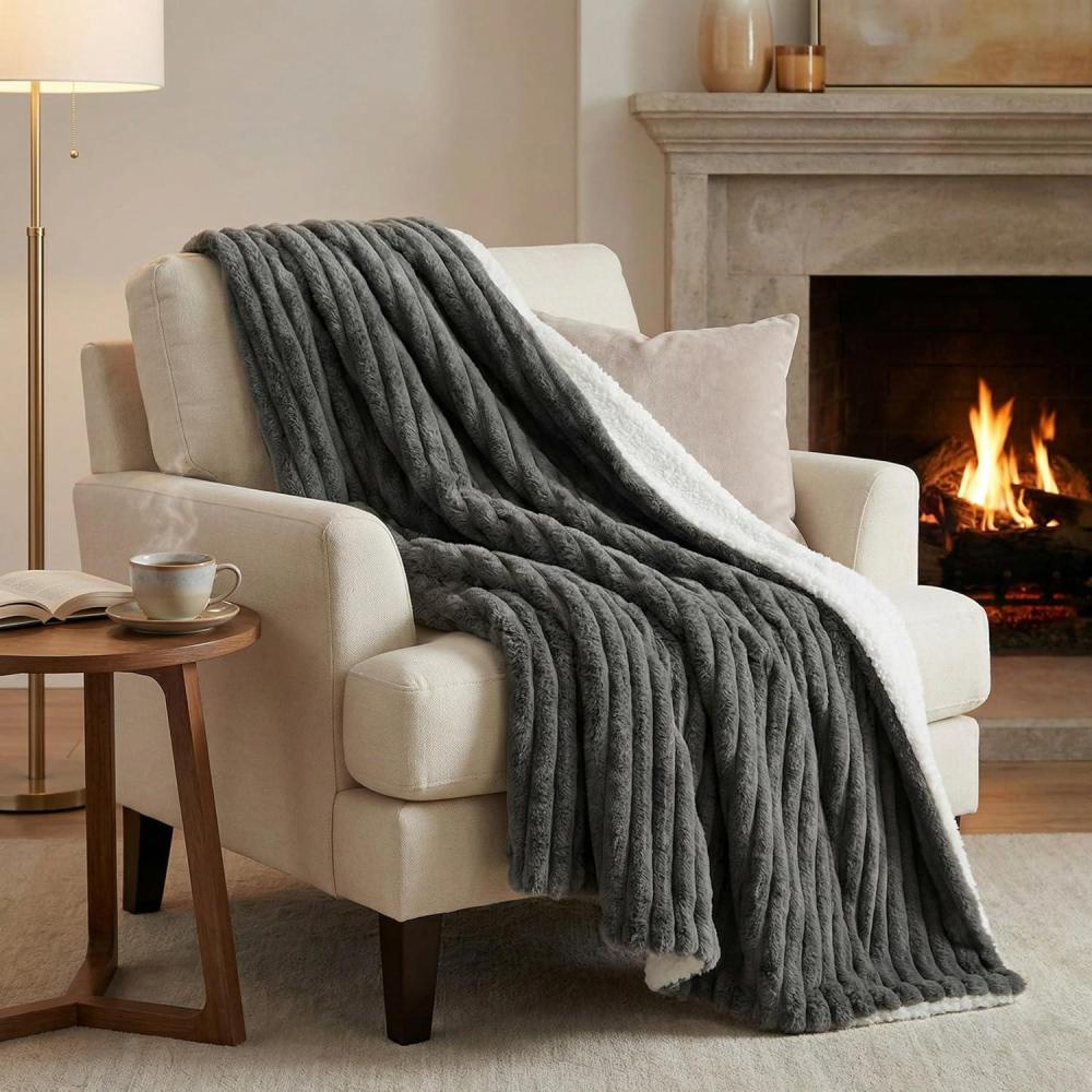 imageLavish Home Faux Fur Throw Blanket 60x70Inch Twin Blanket for Couch Bed or Chair Soft Throw with Plush Faux Rabbit Fur and Warm Sherpa for Living Room Bedroom and Home Decor IvoryGray