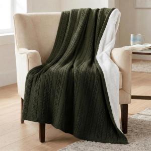 Cable Knit Throw Blanket for Couch, Sofa, or Bed – 50×60-Inch Soft and Cozy Blanket – Throws with Cable Knit Pattern and Warm Sherpa for Living Room, Bedroom, and Home Decor by Lavish Home (Ivory)(Green)