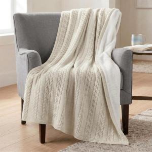 Cable Knit Throw Blanket for Couch, Sofa, or Bed – 50×60-Inch Soft and Cozy Blanket – Throws with Cable Knit Pattern and Warm Sherpa for Living Room, Bedroom, and Home Decor by Lavish Home (Ivory)(Ivory)