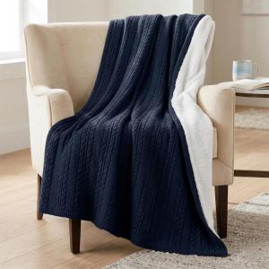 Cable Knit Throw Blanket for Couch, Sofa, or Bed – 50×60-Inch Soft and Cozy Blanket – Throws with Cable Knit Pattern and Warm Sherpa for Living Room, Bedroom, and Home Decor by Lavish Home (Ivory)(Navy Blue)