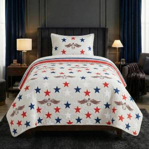 Lavish Home 3-Piece King Quilt Bedding Set – Bedspread and 2 King Pillow Shams with Patriotic Star Pattern – Lightweight Bed Set for All Seasons – Soft Microfiber Coverlet (Stars/Stripes)(Gray  Red  and Blue.)