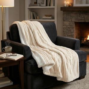 Lavish Home Faux Fur Throw Blanket – 60×70-Inch Twin Blanket for Couch, Bed, or Chair – Soft Throw with Plush Faux Rabbit Fur and Warm Sherpa for Living Room, Bedroom, and Home Decor (Ivory)(Ivory)