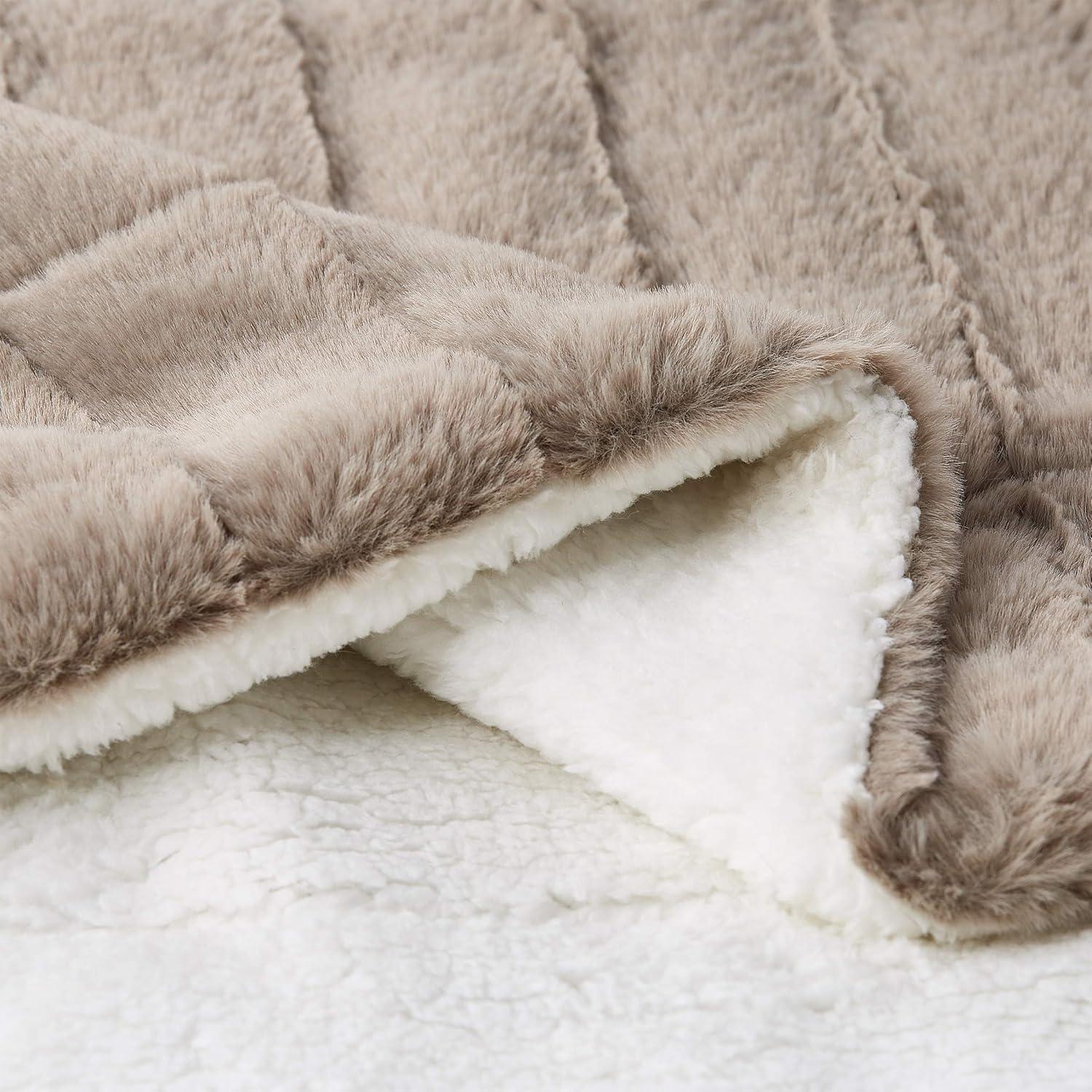 imageBedford Home Coffee Faux Jacquard Rabbit Fur Throw Blanket with Sherpa BackLuxurious Soft Hypoallergenic for Couch Bed Dcor60 60 x 70