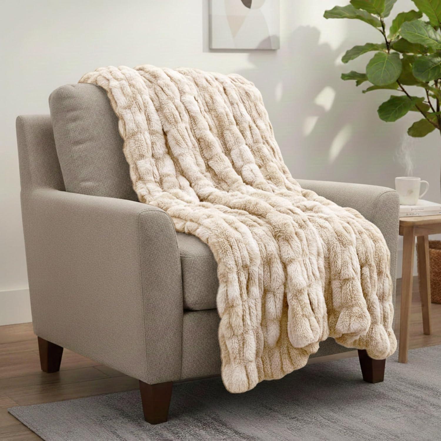 imageLavish Home Oversized Ruched Faux Fur Blanket 60x80Inch Plush Polyester Faux Fur QueenSize Throw for Sofas and Beds Luxurious Bedding PinkBeige