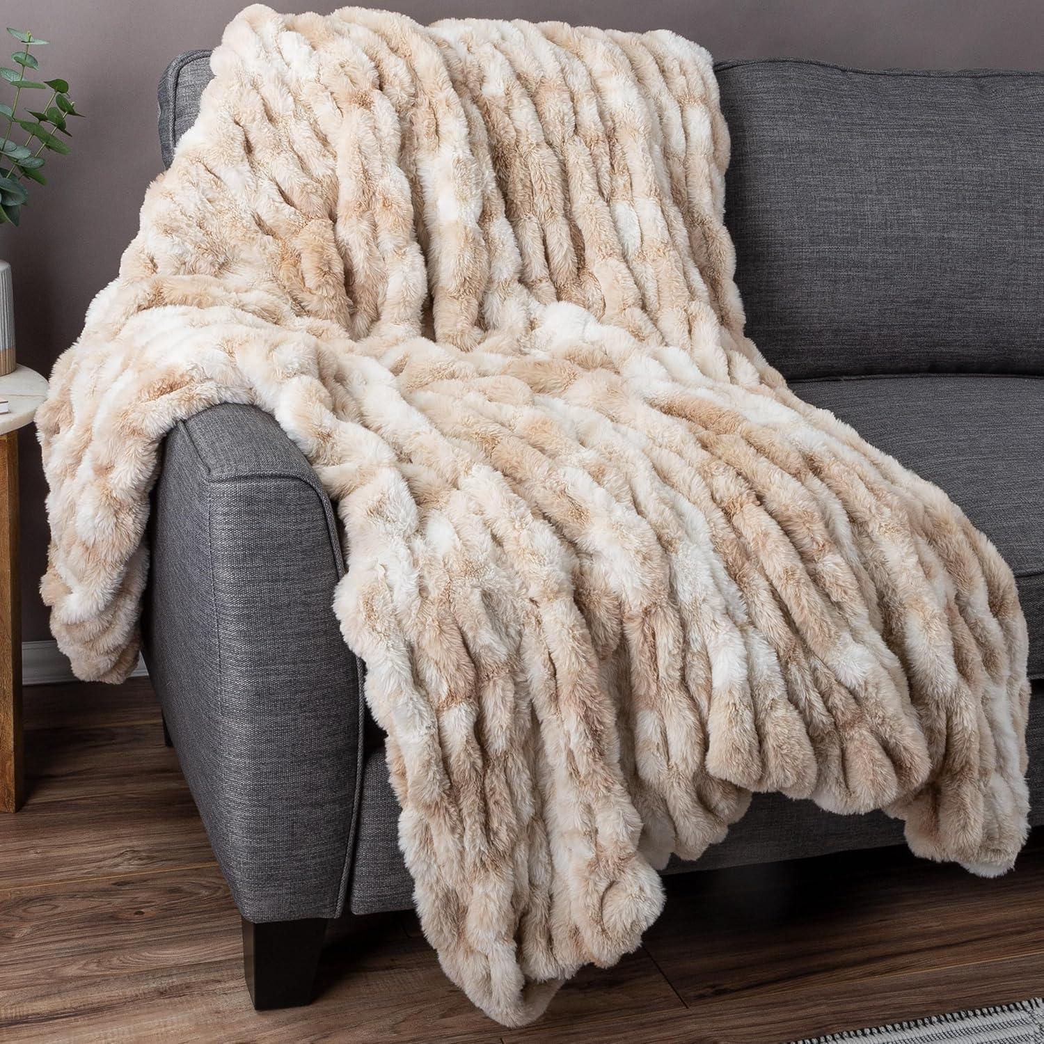 imageLavish Home Oversized Ruched Faux Fur Blanket 60x80Inch Plush Polyester Faux Fur QueenSize Throw for Sofas and Beds Luxurious Bedding PinkBeige