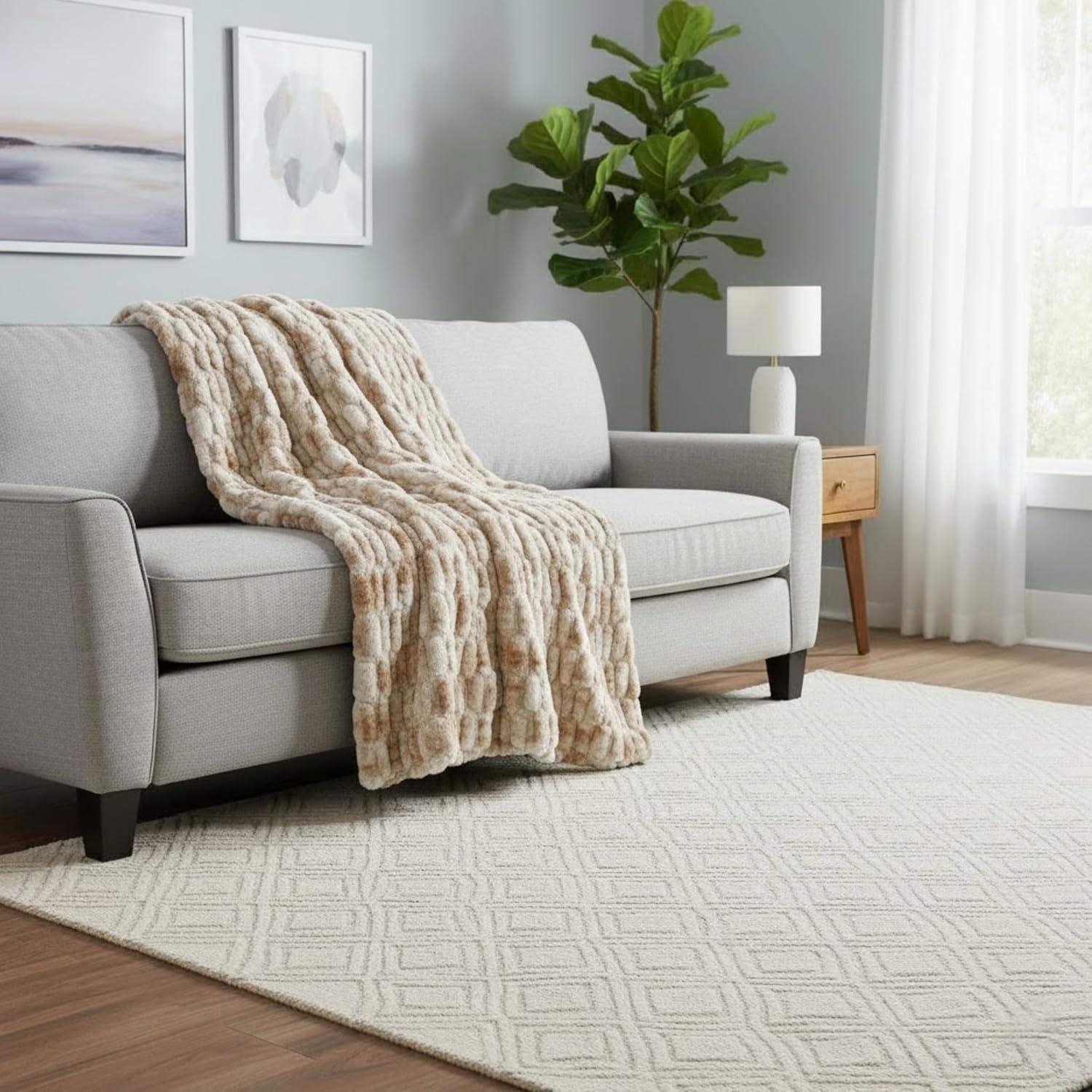 imageLavish Home Oversized Ruched Faux Fur Blanket 60x80Inch Plush Polyester Faux Fur QueenSize Throw for Sofas and Beds Luxurious Bedding PinkBeige