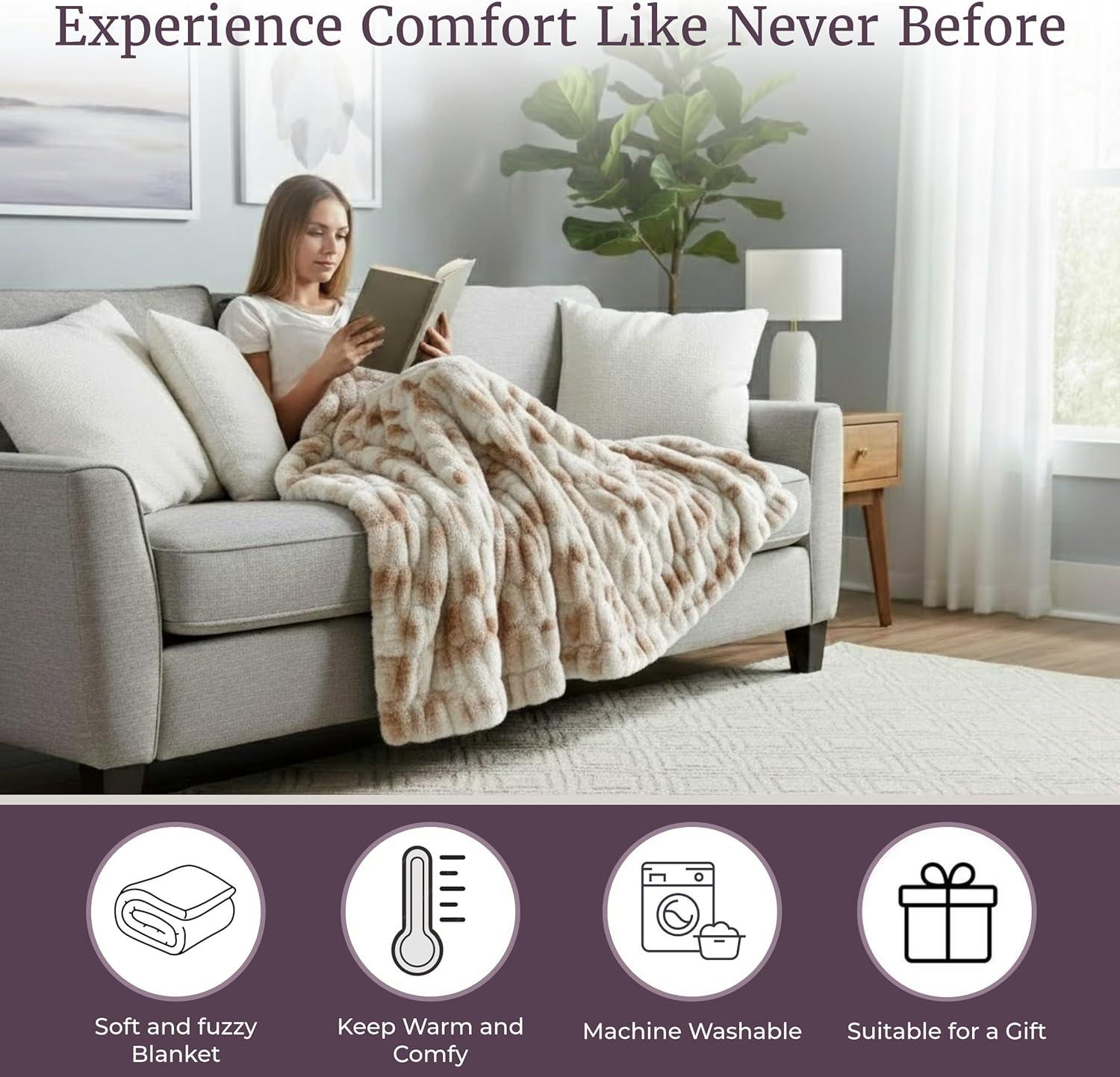 imageLavish Home Oversized Ruched Faux Fur Blanket 60x80Inch Plush Polyester Faux Fur QueenSize Throw for Sofas and Beds Luxurious Bedding PinkBeige