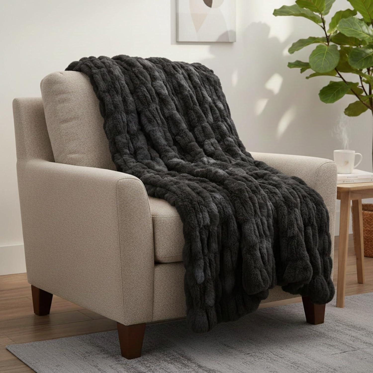 imageLavish Home Oversized Ruched Faux Fur Blanket 60x80Inch Plush Polyester Faux Fur QueenSize Throw for Sofas and Beds Luxurious Bedding PinkBlack