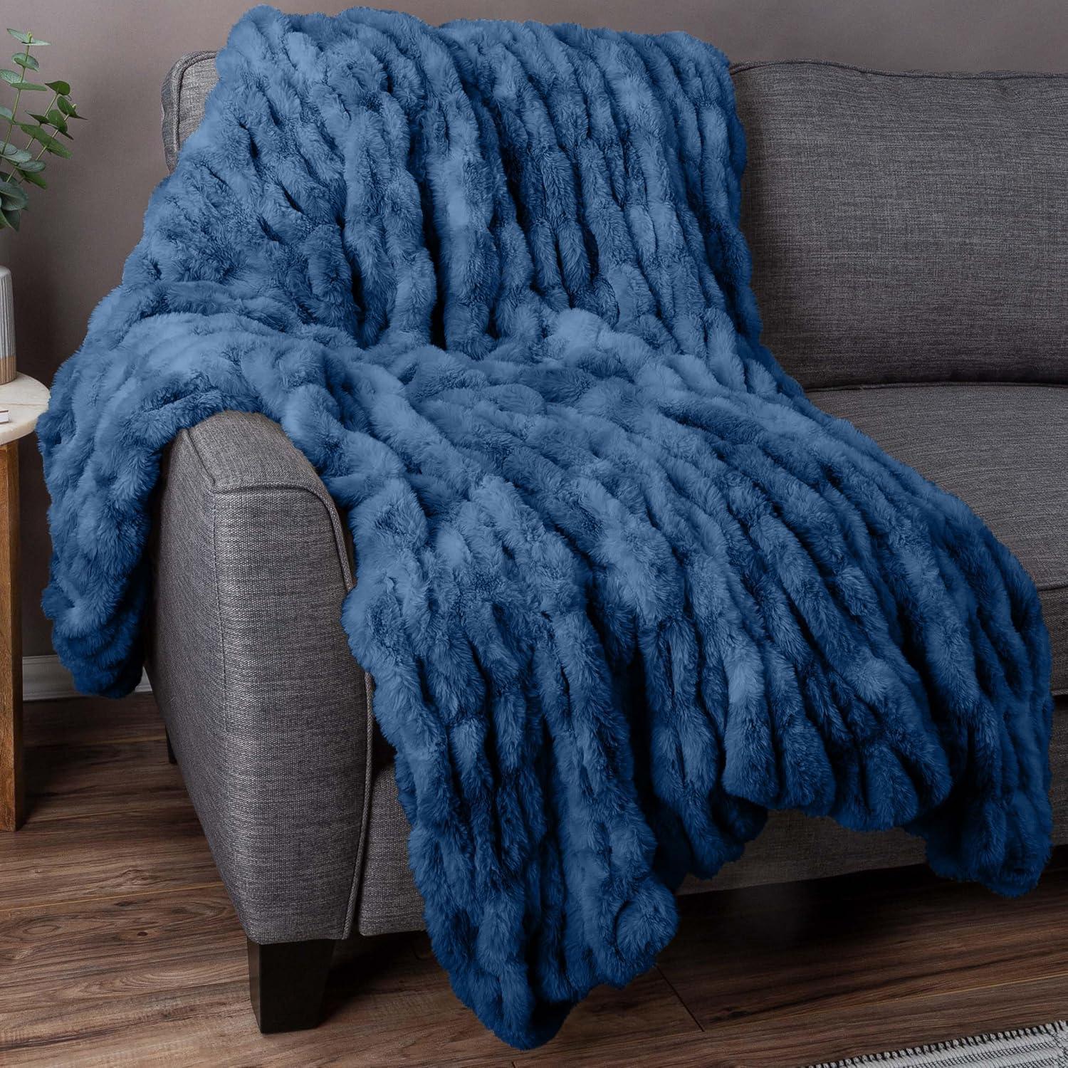 imageLavish Home Oversized Ruched Faux Fur Blanket 60x80Inch Plush Polyester Faux Fur QueenSize Throw for Sofas and Beds Luxurious Bedding PinkBlue