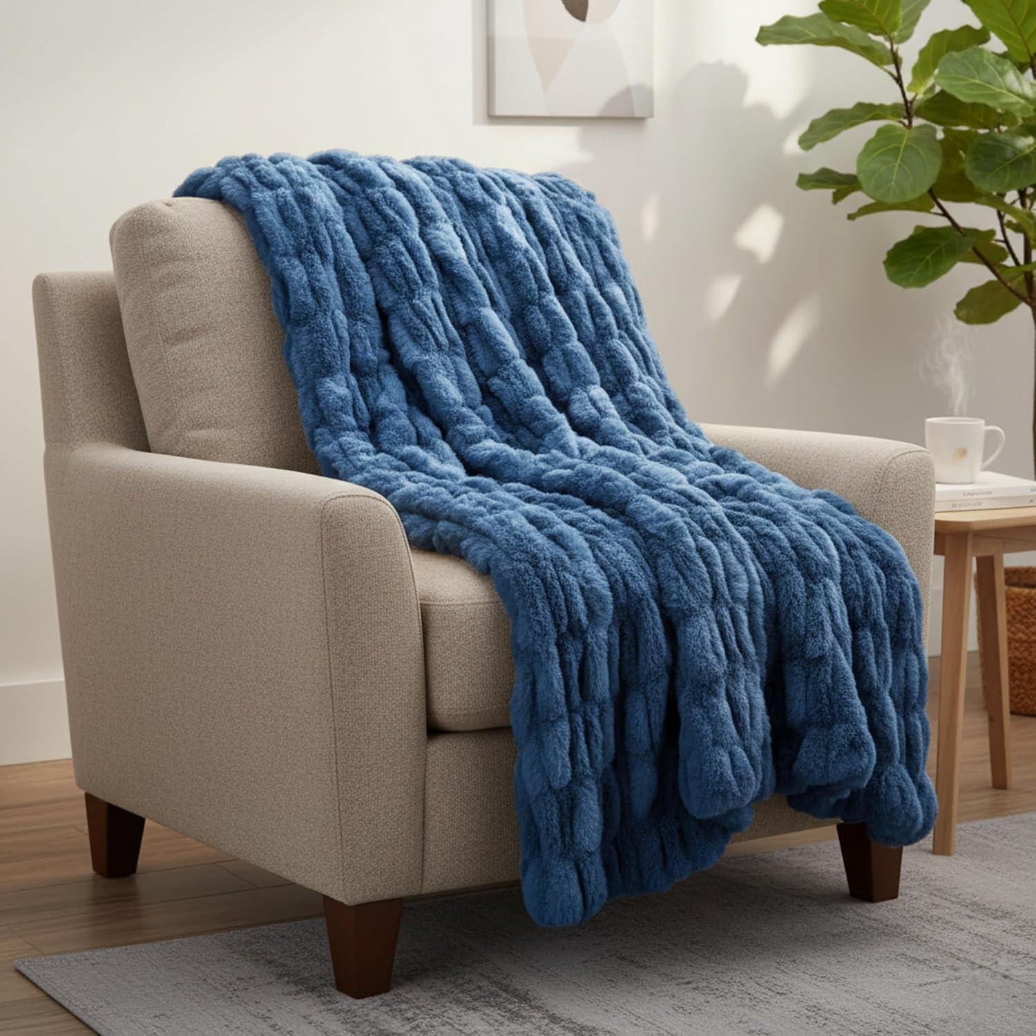imageLavish Home Oversized Ruched Faux Fur Blanket 60x80Inch Plush Polyester Faux Fur QueenSize Throw for Sofas and Beds Luxurious Bedding PinkBlue
