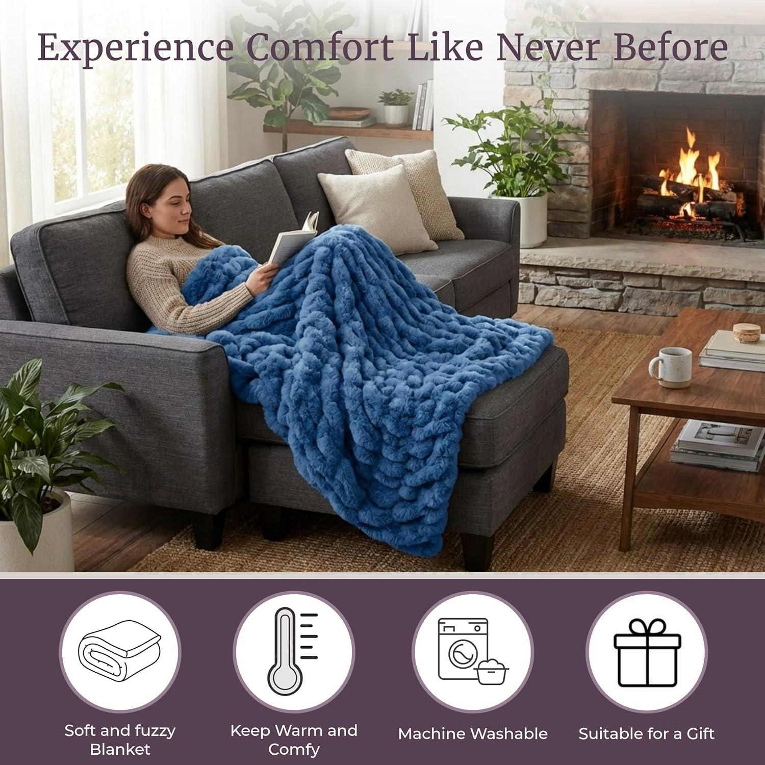 imageLavish Home Oversized Ruched Faux Fur Blanket 60x80Inch Plush Polyester Faux Fur QueenSize Throw for Sofas and Beds Luxurious Bedding PinkBlue