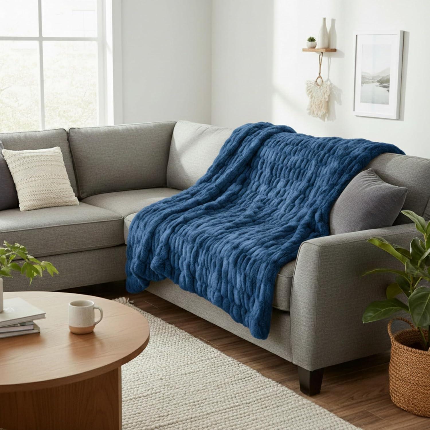 imageLavish Home Oversized Ruched Faux Fur Blanket 60x80Inch Plush Polyester Faux Fur QueenSize Throw for Sofas and Beds Luxurious Bedding PinkBlue