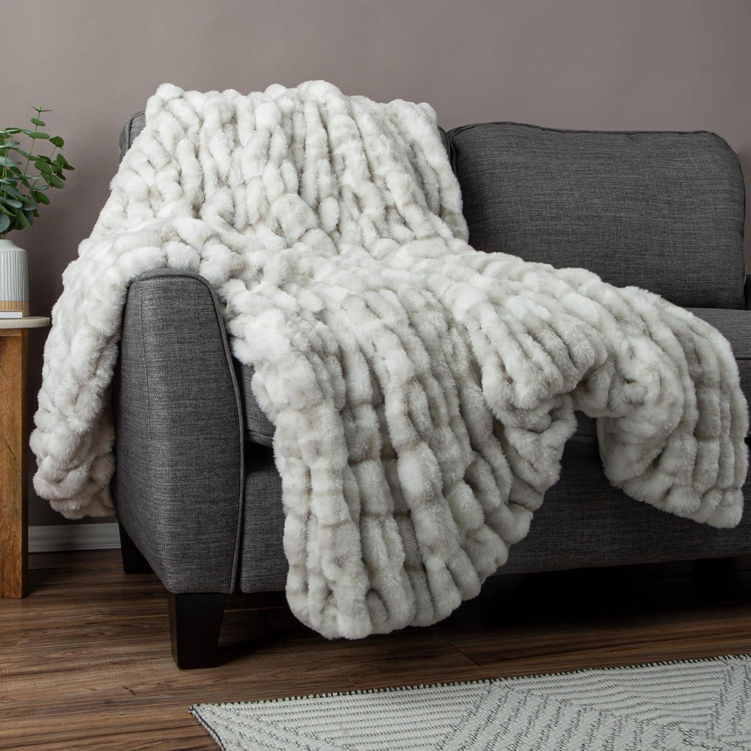 imageLavish Home Oversized Ruched Faux Fur Blanket 60x80Inch Plush Polyester Faux Fur QueenSize Throw for Sofas and Beds Luxurious Bedding PinkGray