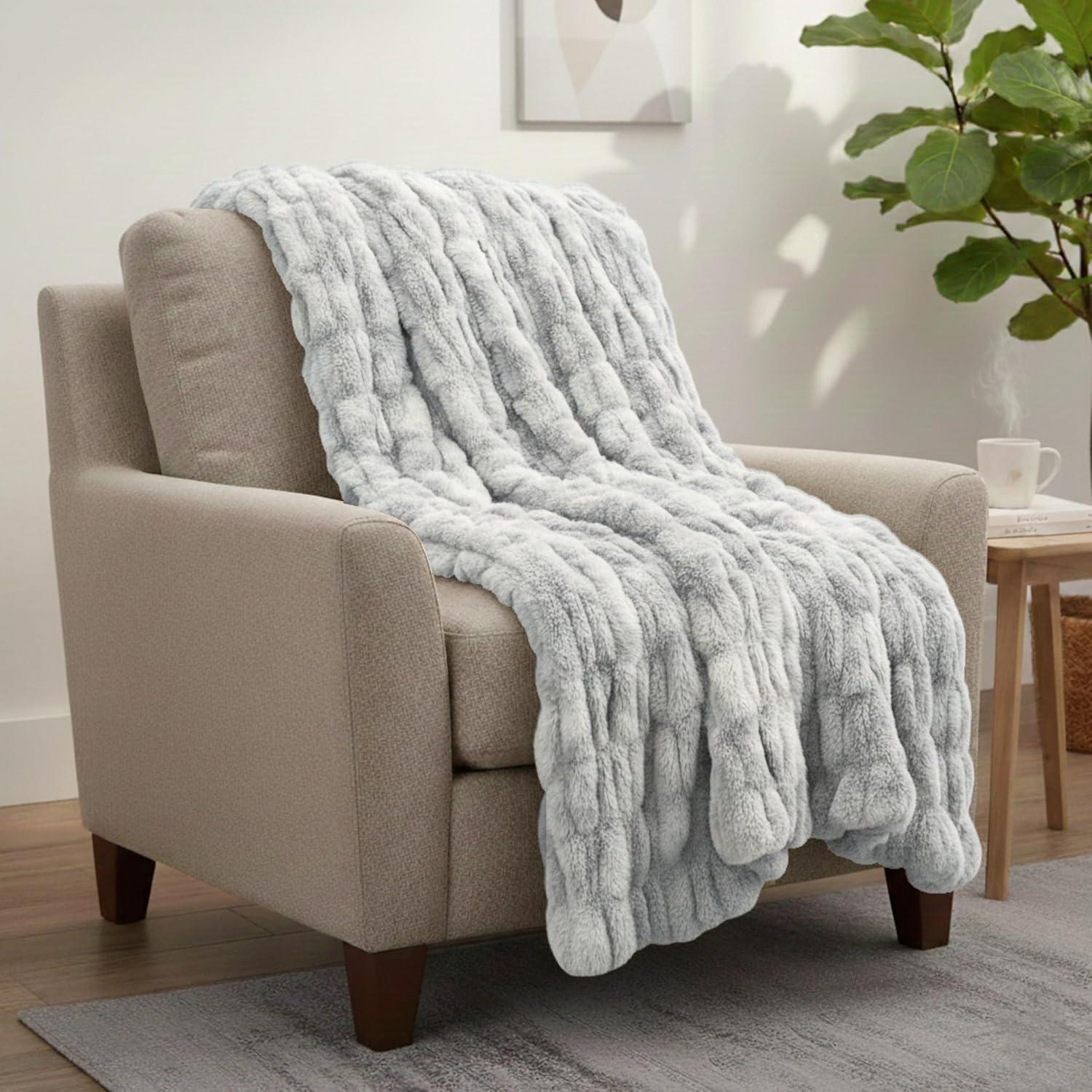 imageLavish Home Oversized Ruched Faux Fur Blanket 60x80Inch Plush Polyester Faux Fur QueenSize Throw for Sofas and Beds Luxurious Bedding PinkGray