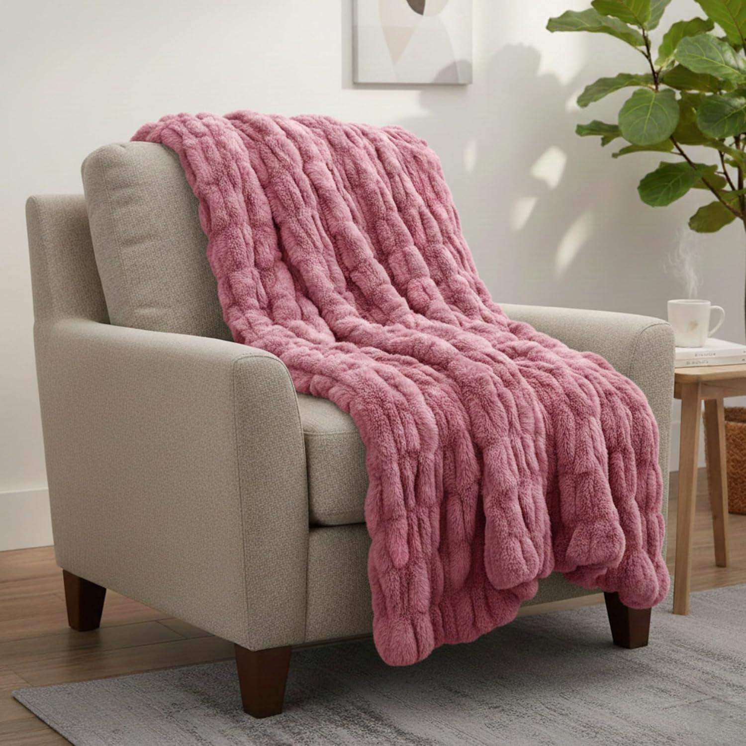 imageLavish Home Oversized Ruched Faux Fur Blanket 60x80Inch Plush Polyester Faux Fur QueenSize Throw for Sofas and Beds Luxurious Bedding PinkPink