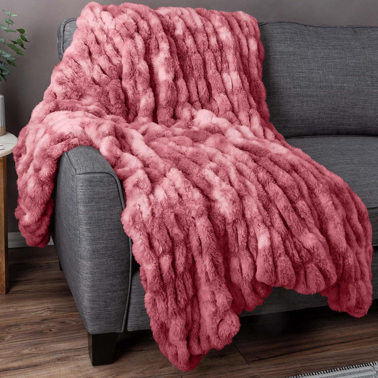 imageLavish Home Oversized Ruched Faux Fur Blanket 60x80Inch Plush Polyester Faux Fur QueenSize Throw for Sofas and Beds Luxurious Bedding PinkPink