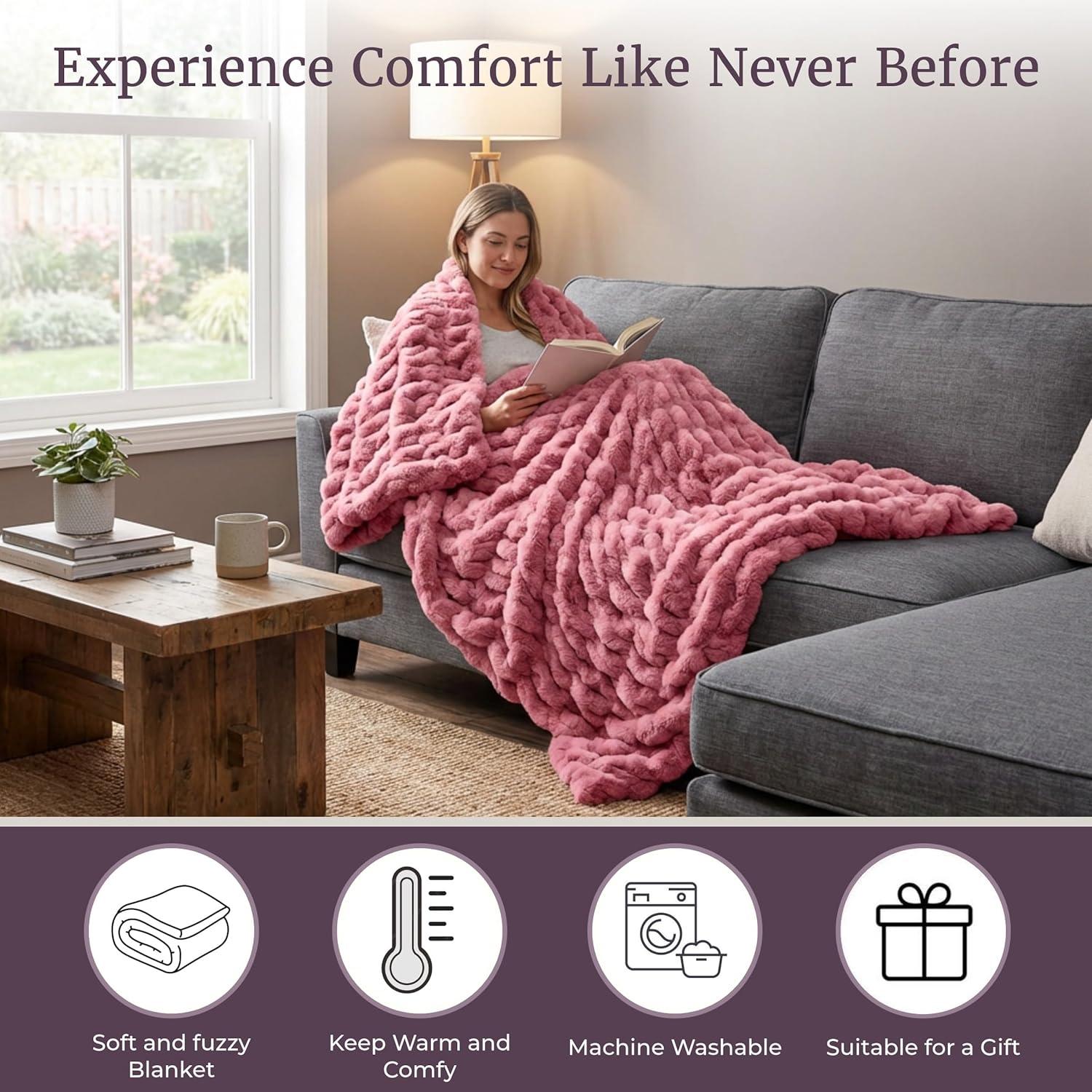 imageLavish Home Oversized Ruched Faux Fur Blanket 60x80Inch Plush Polyester Faux Fur QueenSize Throw for Sofas and Beds Luxurious Bedding PinkPink