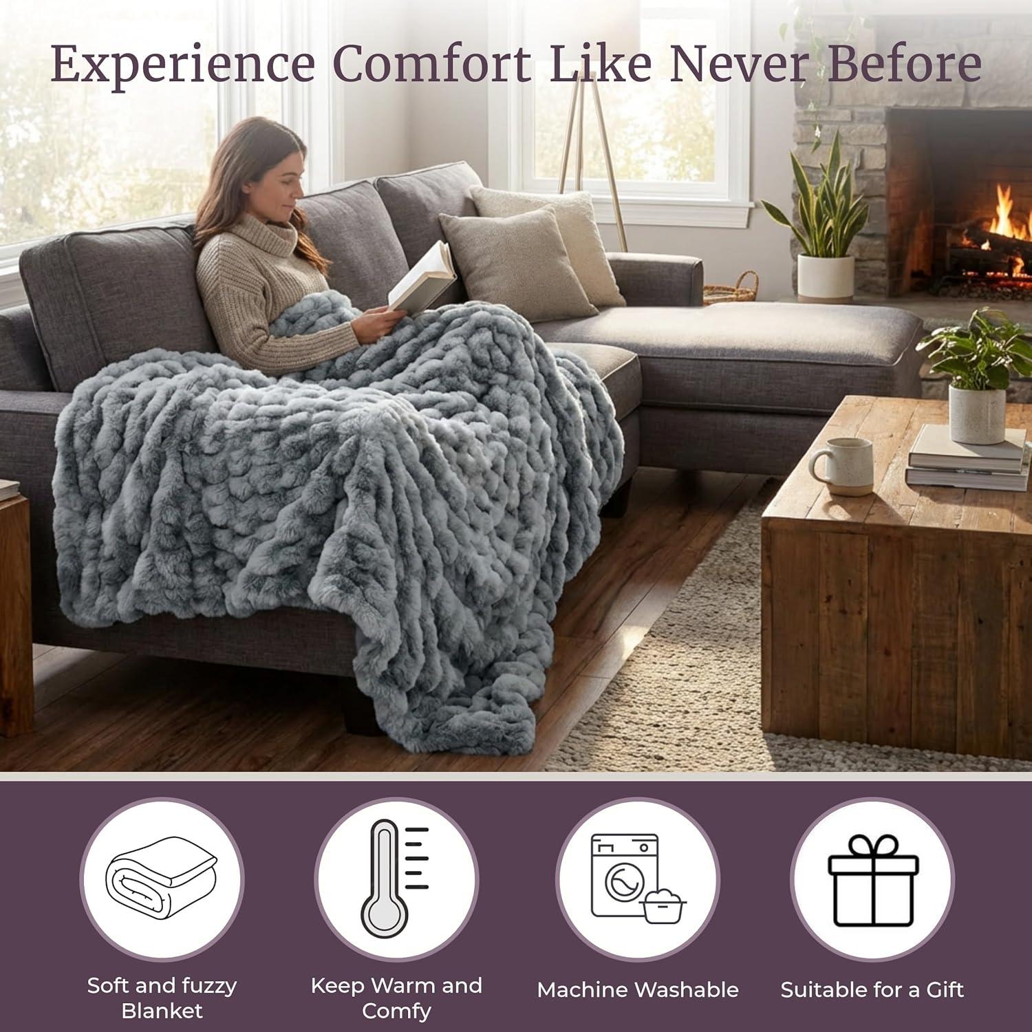 imageLavish Home Oversized Ruched Faux Fur Blanket 60x80Inch Plush Polyester Faux Fur QueenSize Throw for Sofas and Beds Luxurious Bedding PinkSilver