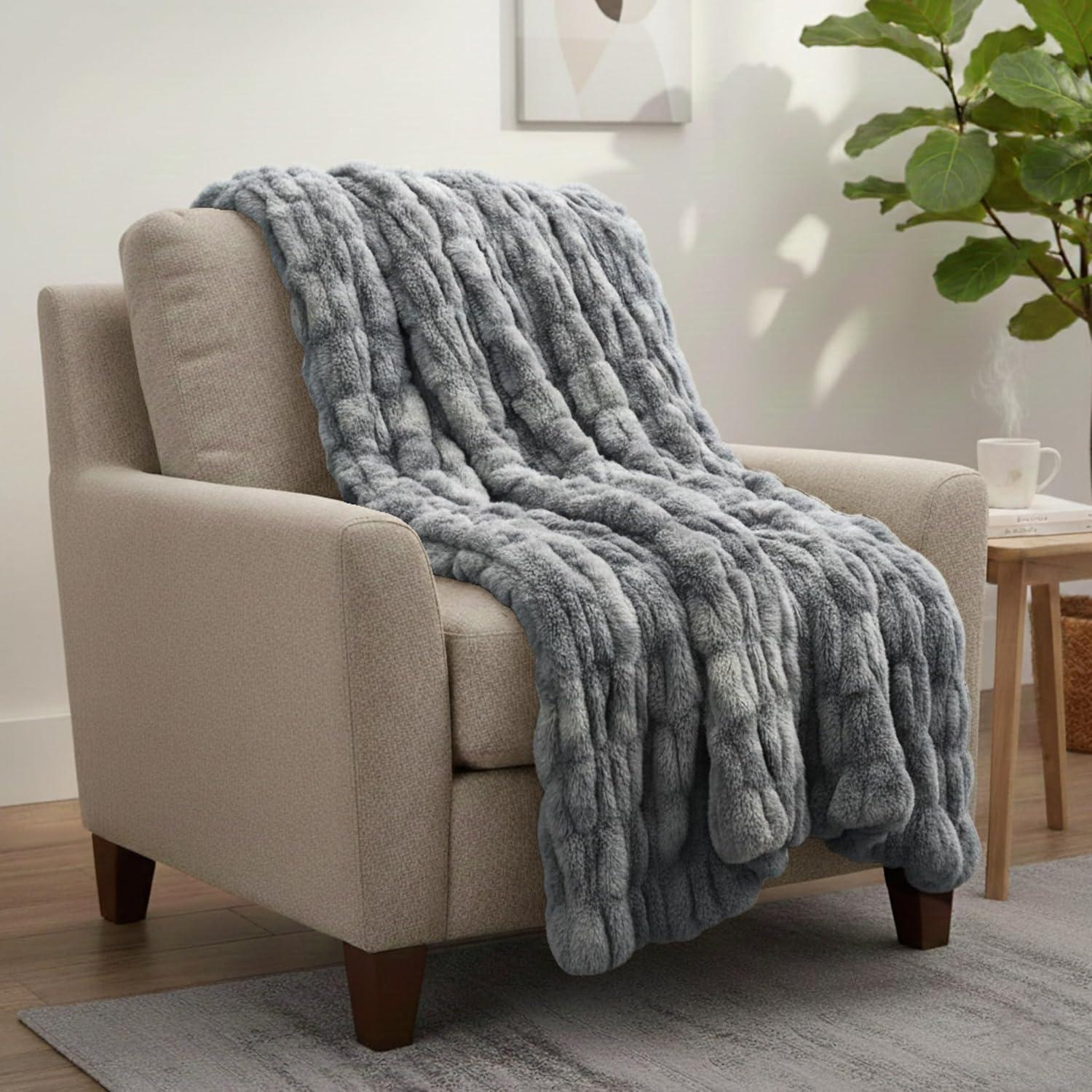 imageLavish Home Oversized Ruched Faux Fur Blanket 60x80Inch Plush Polyester Faux Fur QueenSize Throw for Sofas and Beds Luxurious Bedding PinkSilver