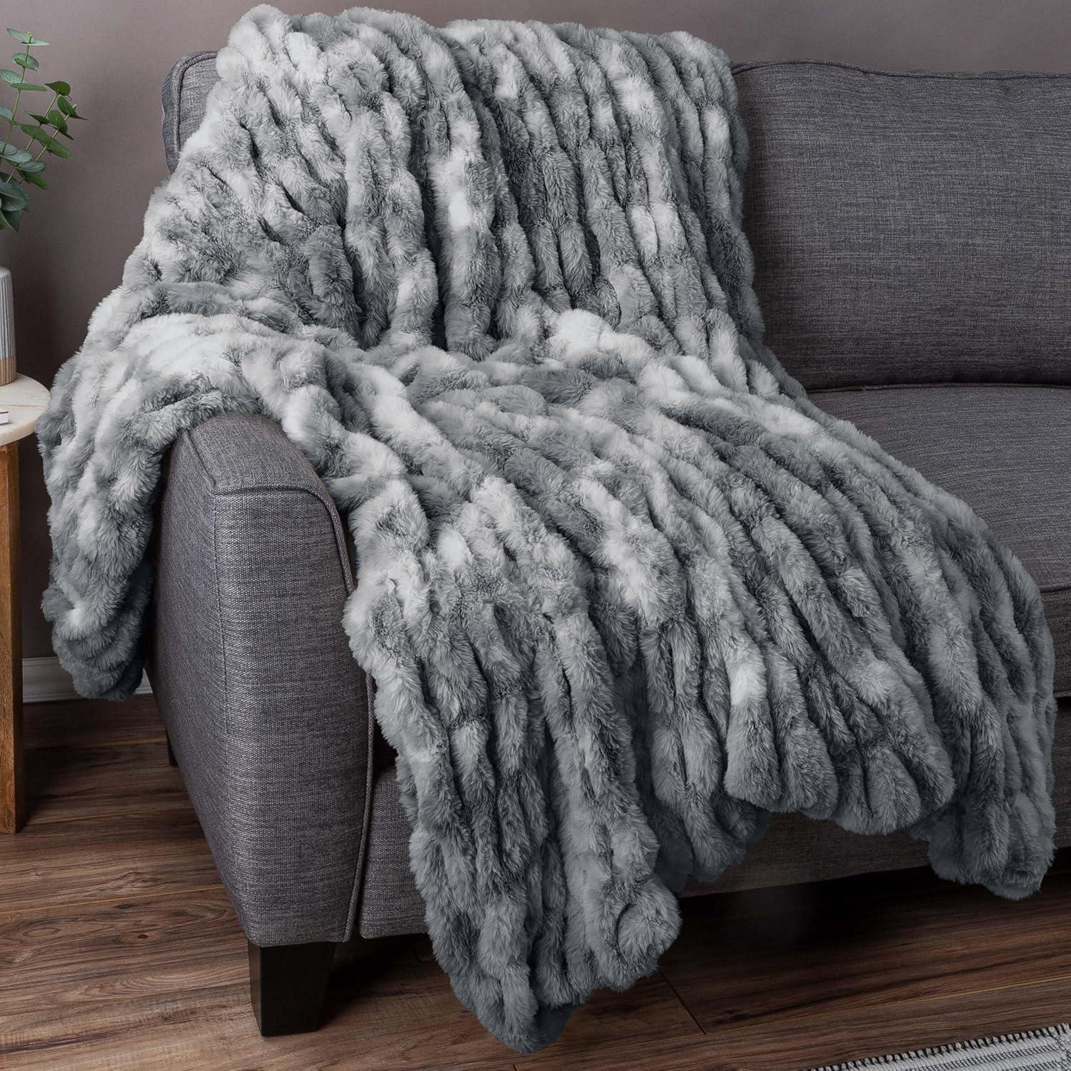 imageLavish Home Oversized Ruched Faux Fur Blanket 60x80Inch Plush Polyester Faux Fur QueenSize Throw for Sofas and Beds Luxurious Bedding PinkSilver
