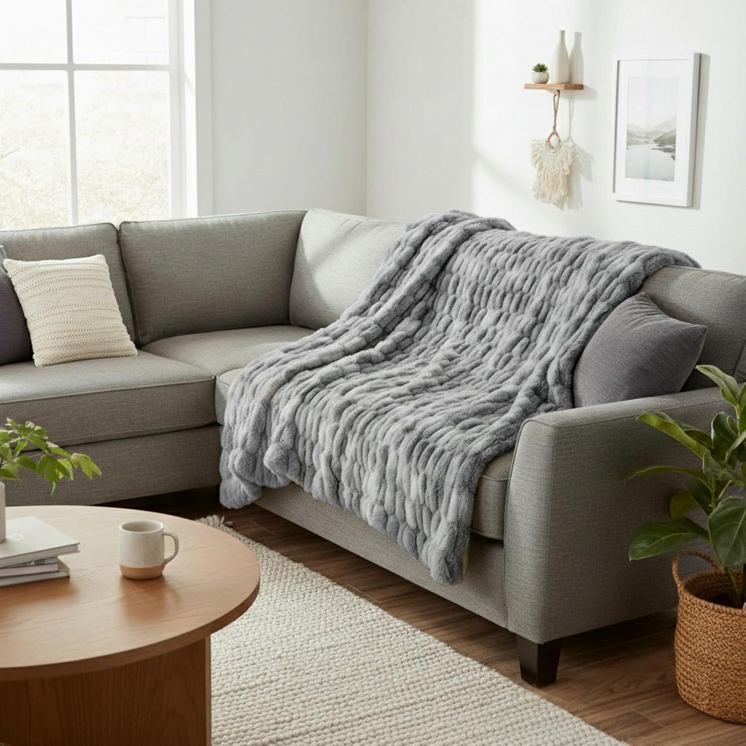 imageLavish Home Oversized Ruched Faux Fur Blanket 60x80Inch Plush Polyester Faux Fur QueenSize Throw for Sofas and Beds Luxurious Bedding PinkSilver