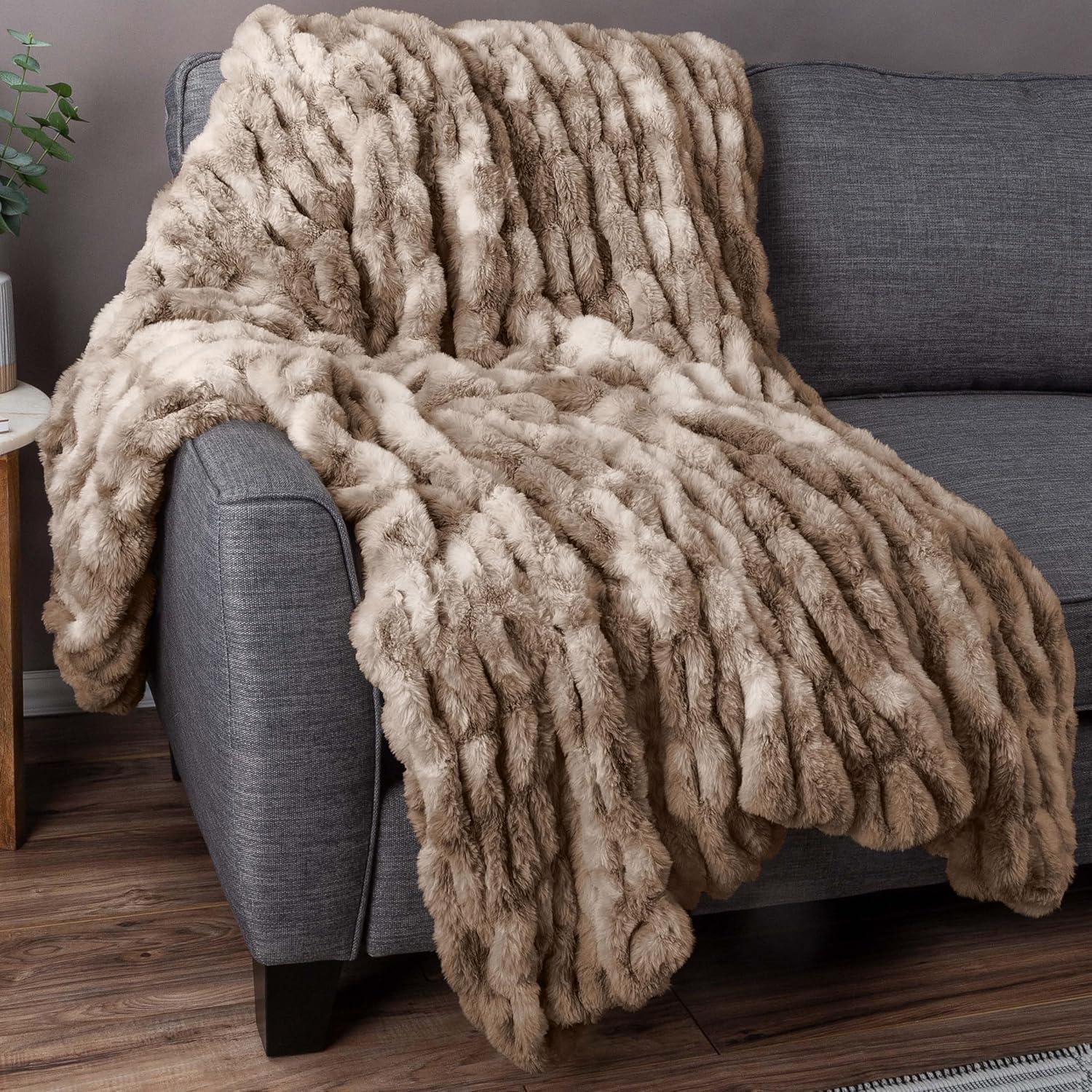 imageLavish Home Oversized Ruched Faux Fur Blanket 60x80Inch Plush Polyester Faux Fur QueenSize Throw for Sofas and Beds Luxurious Bedding PinkTaupe