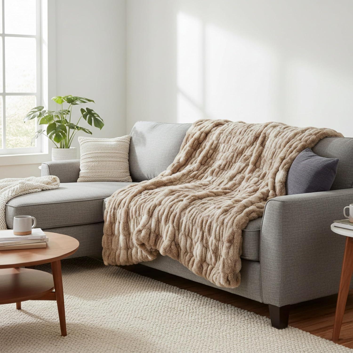 imageLavish Home Oversized Ruched Faux Fur Blanket 60x80Inch Plush Polyester Faux Fur QueenSize Throw for Sofas and Beds Luxurious Bedding PinkTaupe