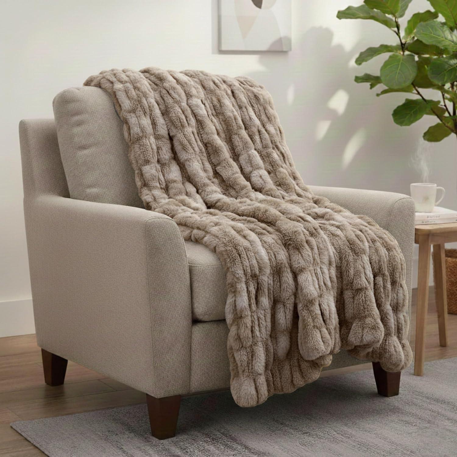imageLavish Home Oversized Ruched Faux Fur Blanket 60x80Inch Plush Polyester Faux Fur QueenSize Throw for Sofas and Beds Luxurious Bedding PinkTaupe