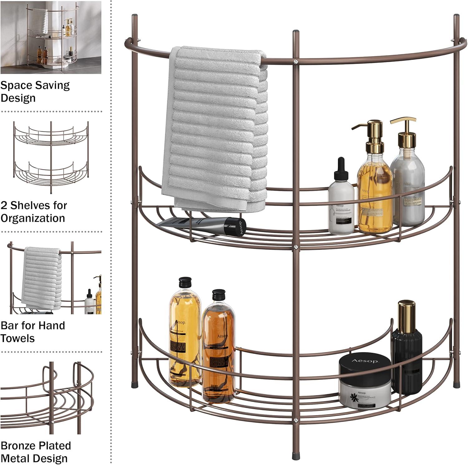 imageLavish Home Pedestal Sink Organizer Compact Under Sink Rack with 2 Storage Shelves and Towel Holder Space Saving Bathroom Storage Bronze