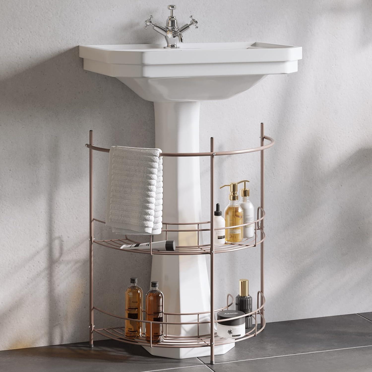 imageLavish Home Pedestal Sink Organizer Compact Under Sink Rack with 2 Storage Shelves and Towel Holder Space Saving Bathroom Storage Bronze