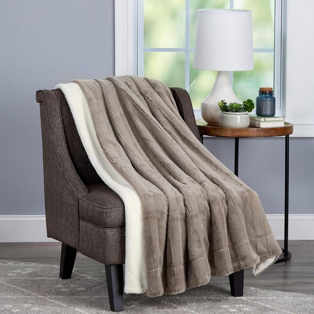 imageBedford Home Coffee Faux Jacquard Rabbit Fur Throw Blanket with Sherpa BackLuxurious Soft Hypoallergenic for Couch Bed Dcor60 60 x 70