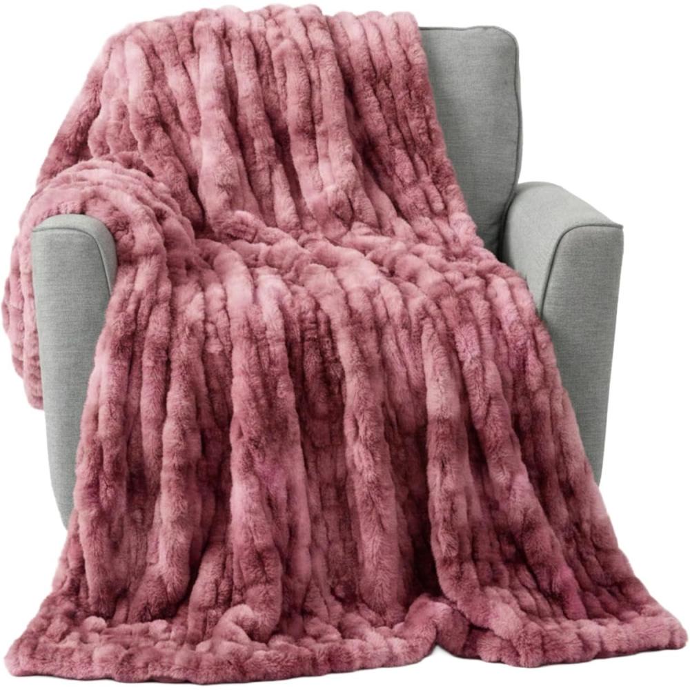 imageLavish Home Oversized Ruched Faux Fur Blanket 60x80Inch Plush Polyester Faux Fur QueenSize Throw for Sofas and Beds Luxurious Bedding PinkPink