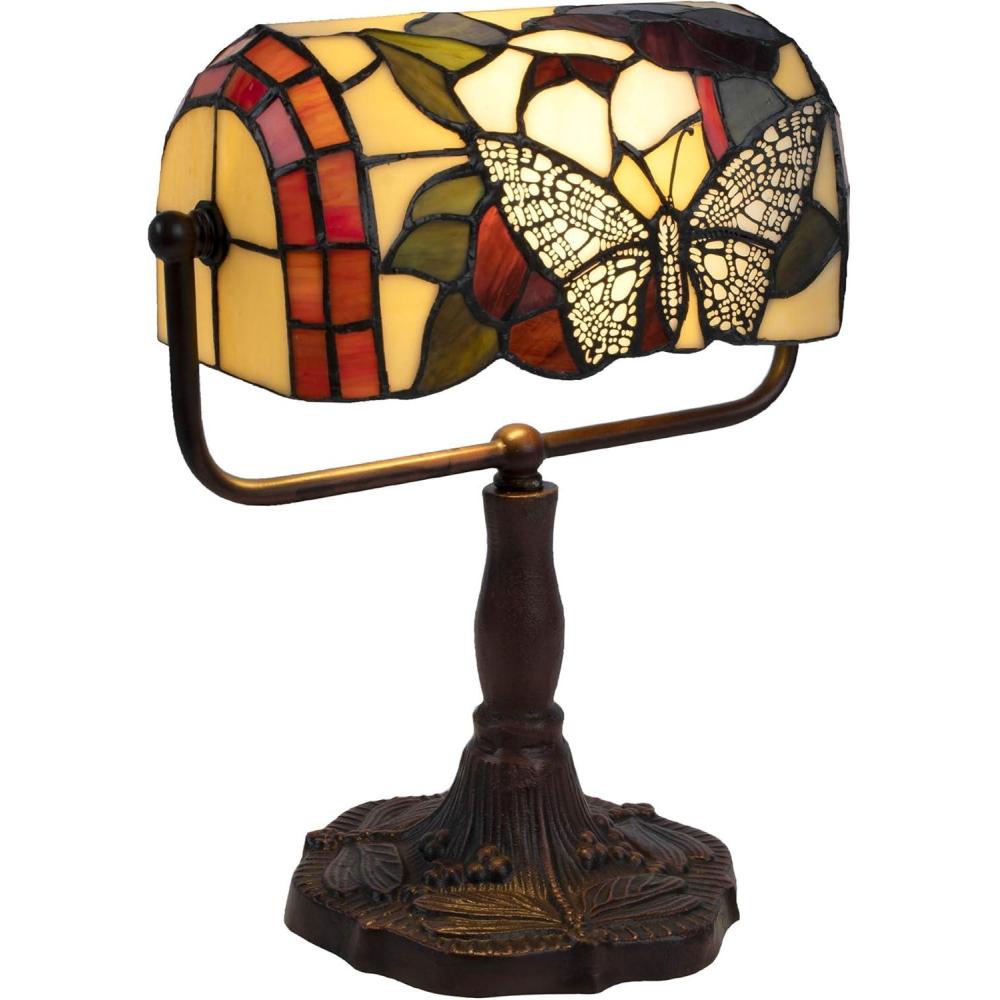 imageTiffany Style Bankers LampStained Glass Butterfly Design Table or Desk Light LED Bulb IncludedVintage Look Colorful Accent Decor by Lavish HomeBrown