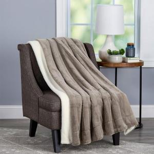 Bedford Home Coffee Faux Jacquard Rabbit Fur Throw Blanket with Sherpa Back-Luxurious, Soft, Hypoallergenic for Couch, Bed, Décor-60, 60” x 70