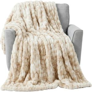 Lavish Home Oversized Ruched Faux Fur Blanket – 60×80-Inch Plush Polyester Faux Fur Queen-Size Throw for Sofas and Beds – Luxurious Bedding (Pink)(Beige)