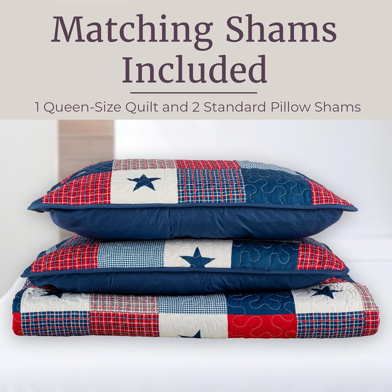 image2Piece Caroline Patriotic Quilt Set Microfiber Americana Stars and Plaid Patchwork Blanket Bed Set with Sham Home Bedding by Bedford Home TwinFullQueen