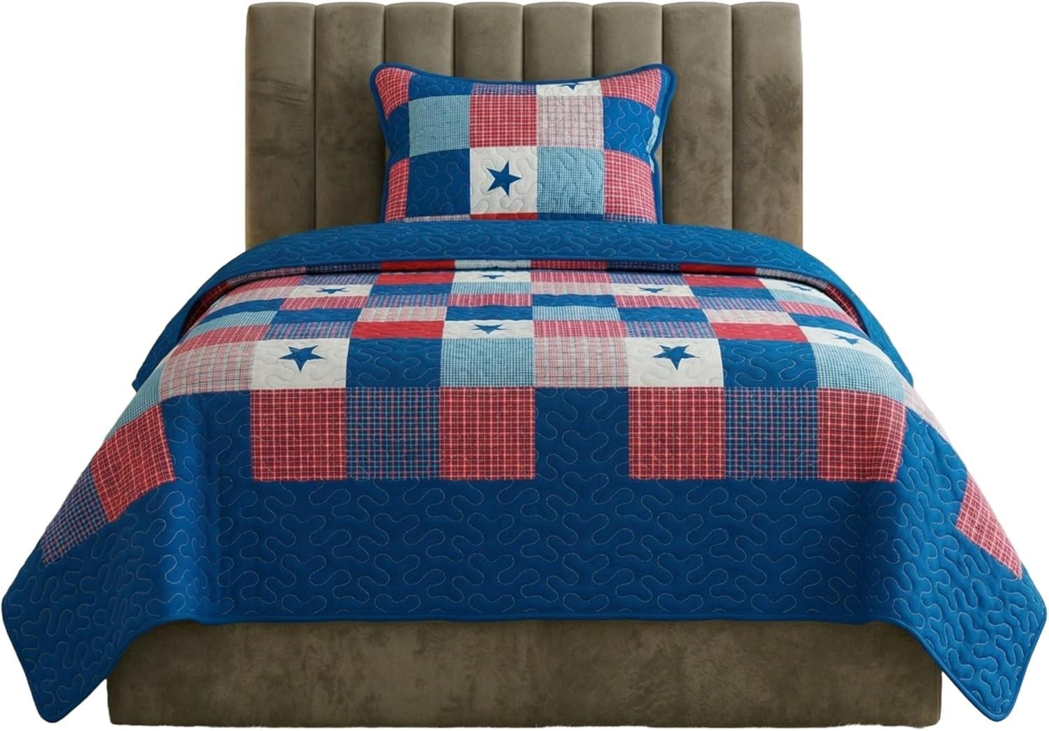 image2Piece Caroline Patriotic Quilt Set Microfiber Americana Stars and Plaid Patchwork Blanket Bed Set with Sham Home Bedding by Bedford Home TwinTwin